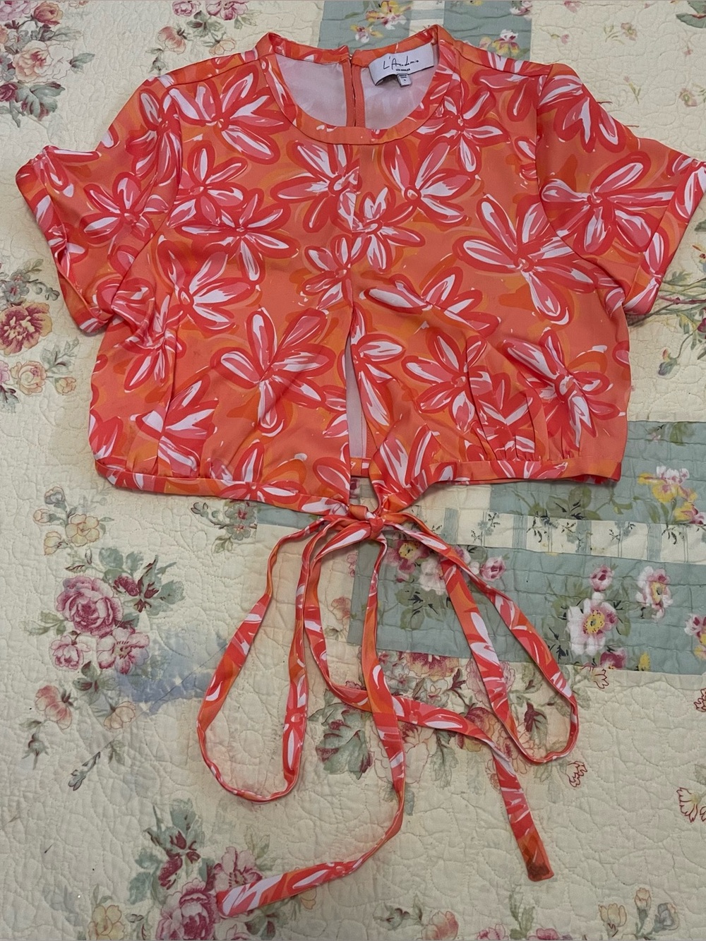 L'Academie Orange & White Floral Tie-Front Crop Top